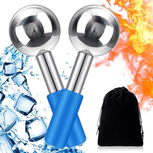 Baderke 2 Pcs Ice Globes for Face Stainless Steel Cooling Globes Unbreakable Cooling Roller Women Ice Balls Cryo Sticks Facials Skin Care for Dark Circles, Puffiness(Silver (Blue Handle)) by Baderke