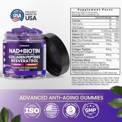NAD+, Resveratrol, Berberine, & Biotin Anti-Aging Gummy - Hair, Skin, Nails & Joint Supplement - Collagen Peptides, Keratin, Zinc, Vitamin K2 & D3 Gummies -Regeneration- Non-GMO - Made in USA 60 Count - Image 5