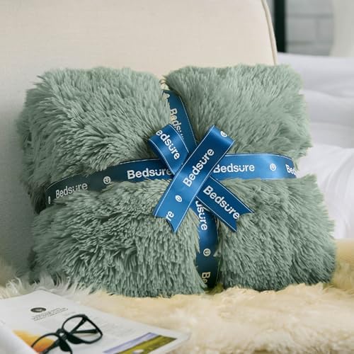 Bedsure Faux Fur Fluffy Sherpa Blanket Couch Throw Sage Green 50"x60" - Image 7