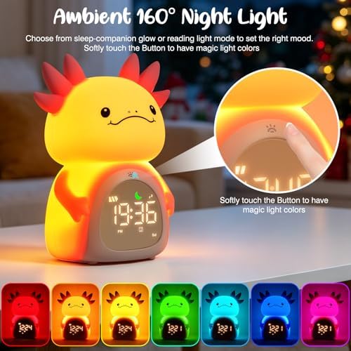 Axolotl Kids Alarm Clock, Rechargeable Ok to Wake Clock with Night Light - BPA-Free Silicone Sleep Training Clock, Cute Boys Girls Wake Up Clock for Bedroom - Image 4