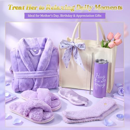 Patelai 7 Pcs Birthday Gifts for Women Spa Robe and Slippers Set Self Care Gift Basket for Women Spa Gift Basket for Friend - Image 5
