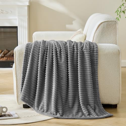 Bnuitland Fleece Throw Blanket for Couch, 300GSM Soft Warm Cozy Fluffy Throw for Adults & Kids, Stripe Pattern, All Season Sofa Bed Blanket for Home Decor, Grey 50"x60" - Image 2