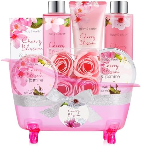 Body & Earth Spa Gifts for Women Self Care Kit - 8pcs Cherry Blossom & Jasmine Bath Sets for Women, Birthday, Christmas Gift Baskets for Mother, Wife, Girlfriends by BODYEARTH