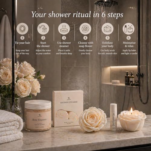 Rose Spa Gift Set for Women – 10pc Self Care Gift Basket with Rose Candle, Body Scrub, Shower Steamers, Lip Balm & Gift Card – Relaxing Birthday Gifts for Mom, Wife, Girlfriend – Elegant Spa Gift Box - Image 6