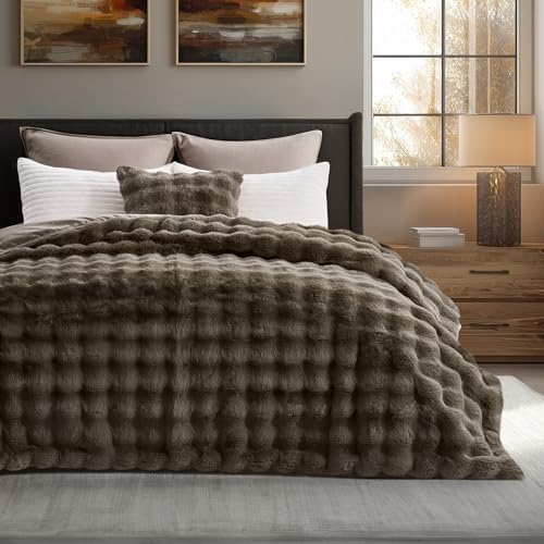 EverGrace Faux Rabbit Fur Bubble Throw Blanket, 90"x90", Dark Taupe by EVERGRACE