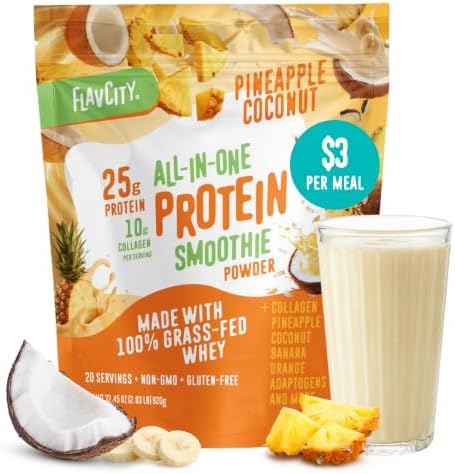 FlavCity All in One Protein Shake Powder, Pineapple Coconut - On the Go Meal Alternative + Collagen Peptides, Reishi & Cordyceps - Focus, Skin, Hair & Joint Support - 100% Grass Fed Whey, 20 Servings by FlavCity