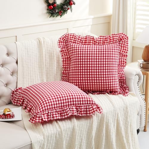 2 Pack Red/White Plaid Ruffled Throw Pillow Sham 20x20 inches - Image 2
