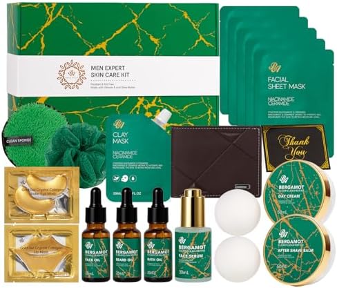 Men Bergamot Facial Skin Care Set, Fathers Day Gift, 21 Pcs Beard Grooming Kit, Bath and Body Gift Basket Set, Cleanser, Beard Oil, Serum, Face Cream, Birthday, Christmas, Husband, Dad, Boyfriend by RAROSAACCA