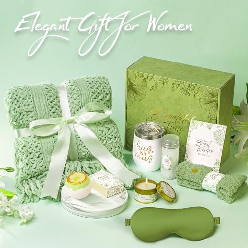 Gift Basket for Women, Self Care Set with Knitted Throw - Care Pkg - Green - Image 4