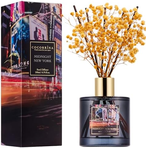 COCORRÍNA Reed Diffuser - Midnight New York 6.7 Fl.oz Reed Diffuser Set with 8 Sticks & Preserved Baby's Breath, Reed Diffuser for Home Bathroom Shelf Decor by COCORR%C3%8DNA