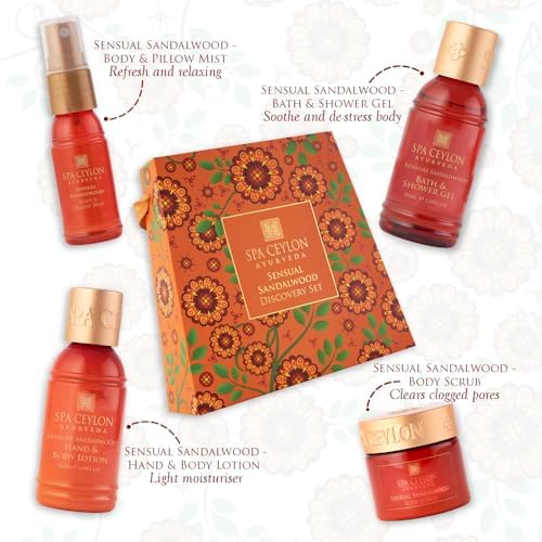 Spa Ceylon Ayurveda Sensual Sandalwood Discovery Set - 4-Piece Natural Spa Gift Set with Mysore Sandalwood, Vetiver & Patchouli – Bath Gel, Body Lotion, Pillow Mist & Body Scrub - Image 4