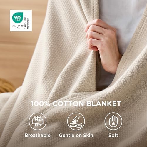 Bedsure 100% Cotton Blanket, Herringbone Weave, Oversized King, Linen Beige - Image 3