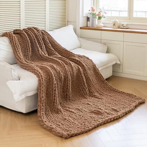 Chunky Knit Throw Blanket for Couch，60X80 Inches Brown by Larexius