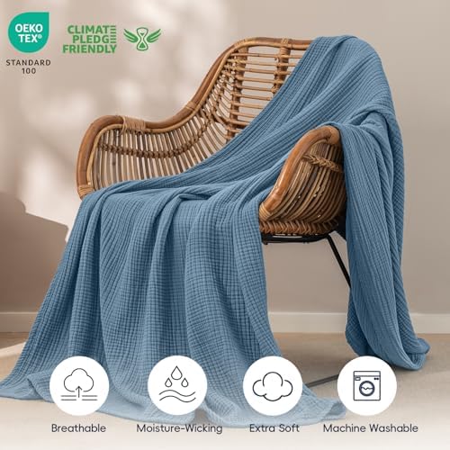 PHF 100% Cotton Muslin Blanket Twin XL Size 66"x90", 4-Layer Lightweight Gauze Throw, Breathable Cloud-Soft Minimalist Blanket for Bed, Couch, Camping & Baby, Denim Blue, Ideal Gift - Image 5