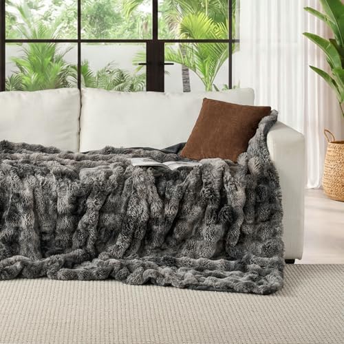Lotus Karen Faux Fur Blanket Tie-Dye Dark Gray Twin Size - Big Bubble Rabbit Fluff Throw for Couch Small Fluffy Fuzzy Cozy Thick Furry Plush Shaggy Blankets 90x90 Inches - Image 2
