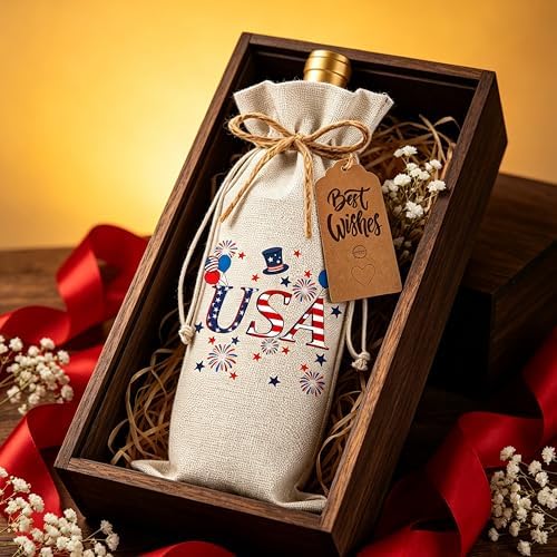 1Pcs USA Wine Gifts Bag 4th of July Independence Day Wine Bag, Celebrate New Chapter with 1Pcs Kraft Blessing Cards and natural jute rope - Image 5