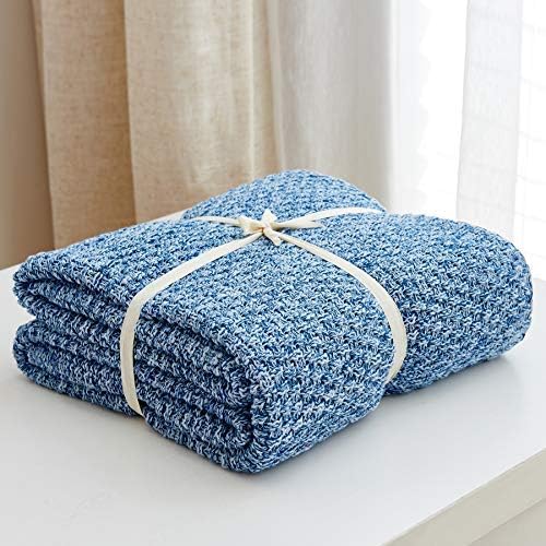 Longhui bedding 100% Cotton Knitted Throw Blanket – Blue White, Soft & Cozy, Machine Washable, 60"x80" – Perfect for Living Room, Couch, Sofa, Bed or Travel - Image 2