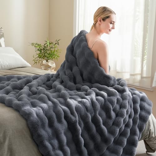 BENVWE Faux Fur Throw Blanket for Couch Bed - Fluffy Soft Thick Bubble Blanket for Living Room Home Decor - Fathers Day Birthday Gifts for Women Men, Grey, 63" x 80" - Image 4