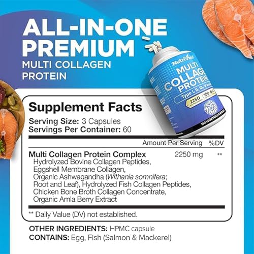 Nutrivein Multi Collagen Peptides Pills 2250 mg - 180 Capsules, 5 Types - Image 2