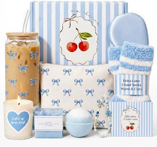 Gift Baskets for Women 9pcs Coquette Bow Birthday Gifts for Teen Girls Blue Cherry Stripe Gift Box Glass Cup Trendy Self Care Spa Stuff for Her Sister Friend Mom Perfect for Sweet 16 18th 21st Bday by Unknown