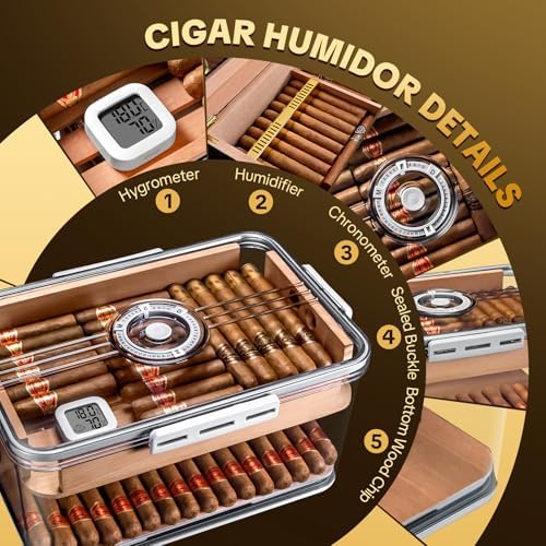 Cigar Humidor, Transparent Humidor Box with Humidifier and Hygrometer, Desktop Cigar Humidor Box with Cedar Wood Chips, Cigar Case, Cigar Gifts for Men (large hold 100 cigars) - Image 3