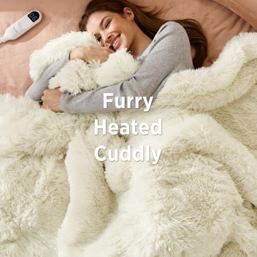 Bedsure Faux Fur Heated Blanket Twin Size, Fast Heating Fluffy Electric Blanket, Heating Blanket Twin Size with 10 Time Settings & 6 Heat Settings, Cozy Gifts for Women Men (62x84 inches, Cream) - Image 3