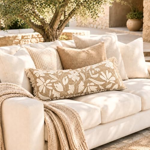 BlissBlush Long Lumbar Pillow Cover 14x36 Indoor Outdoor, Jute Inspired Floral Tufted Accent Oversize Throw Pillowcase for Patio Bed Bedroom, Cover Only - Image 5
