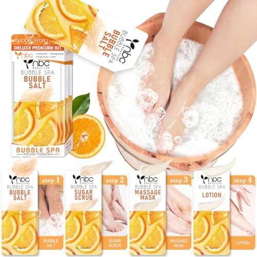 Pedicure Kit Foot Soak Set: Bubble Salt, Sugar Scrub, Massage Mask, Massage Lotion in a Box, 4 Step Foot Spa Kit for Dry Feet, Softens Calluses and Tired Feet（1 Set Orange) by nbcBeautiLab