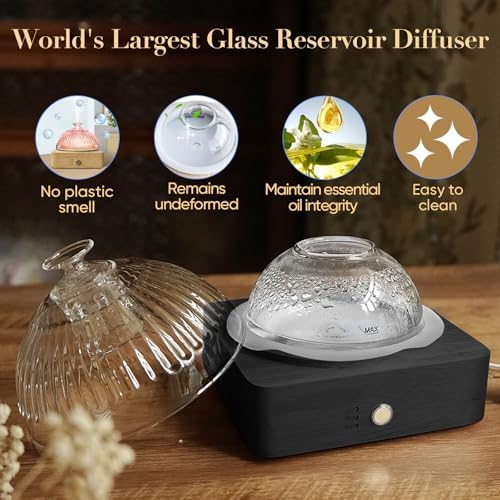Glass Dome Essential Oil Diffuser with Glass Reservoir & Wood Base-Plastic Free, 200ml Ultrasonic Diffuser for Aromatherapy with Timer 7 Color Light Auto-Off for Home Office Yoga Dark Brown - Image 2