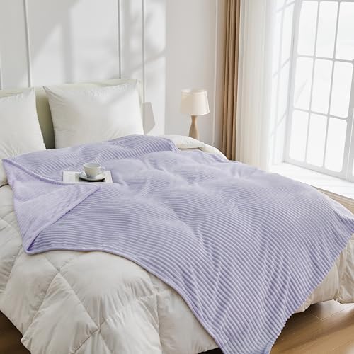 Bnuitland Fleece Throw Blanket for Couch, 300GSM Soft Warm Cozy Fluffy Throw for Adults & Kids, Stripe Pattern, All Season Sofa Bed Blanket for Home Decor, Light Purple 50"x60" - Image 3