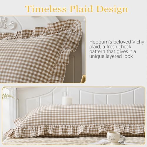Taupe/White Plaid Ruffled Body Pillow Cover Washed Cotton 20"x54" - Image 4