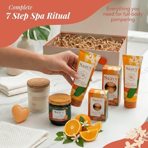 Saavy Naturals 9-Piece Spa Gift Set – Body Wash, Scrub & More – Plant-based Ingredients, Luxurious Spa Gift Basket for Women & Men –Mothers Day Gifts – (Sweet Orange GIft Set) - Image 2
