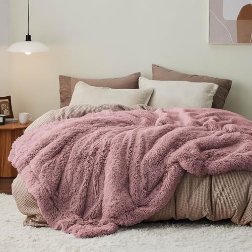 Bedsure Faux Fur Fluffy Sherpa Fleece King Bed Blanket Dusty Pink 108"x90" by Unknown