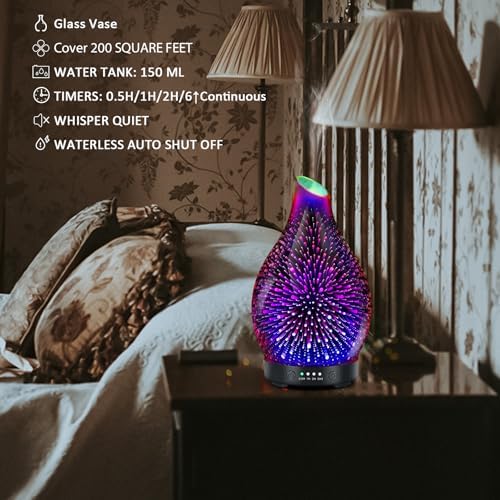 Essential Oil Diffuser 150ML -3D Firework Glass Aromatherapy Diffusers for Essential Oils with 4 Timer Setting Auto Shut-Off Silent Operation 7 Colors Lights Changing, Mothers Day for Room, Office - Image 4