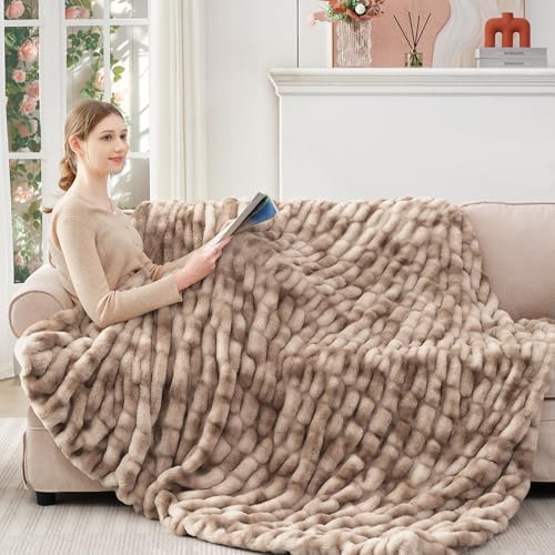 Touchat Ruched Rabbit Faux Fur Blanket Twin, Fluffy Soft Cozy,Tie-dye Brown - Image 6