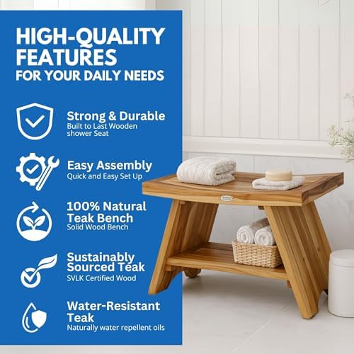 EcoDecors Serenity 30-Inch Teak Shower Bench with Shelf, 300 lb - Image 4