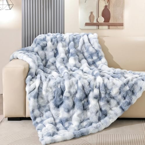 Latepis Faux Fur Fluffy Blanket for Couch, Super Soft Luxury Faux Fur Bubble Plush Thick Warm Cozy Fuzzy Twin Blanket for All Seasons, 60” x 80”, Tie-dye Blue, 860GSM - Image 6