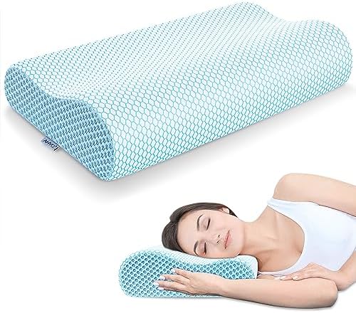 Anvo Memory Foam Pillow, Neck Contour Cervical Orthopedic Bed Pillow for Sleeping Side Back Stomach Sleeper, Ergonomic Design for Neck and Shoulder Pain Relief, Blue White, Firm by AnvoHome