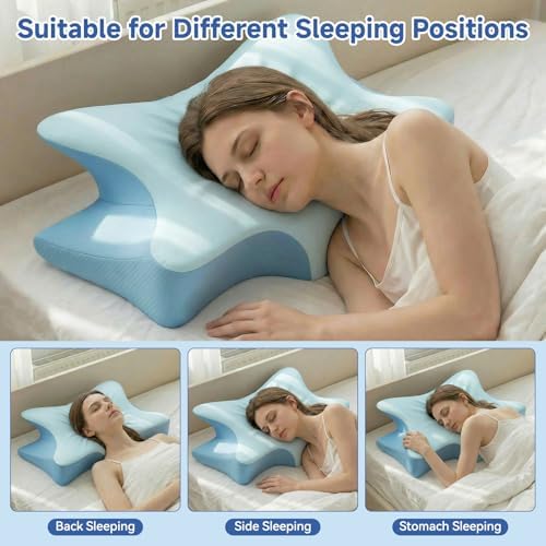 Cervical Neck Pillow for Pain Relief & Sleeping, Ergonomic Posture Pillow Neck Support, Cooling Memory Foam, Orthopedic Contour Pillow for Side Back Stomach Sleepers, Blue - Image 2