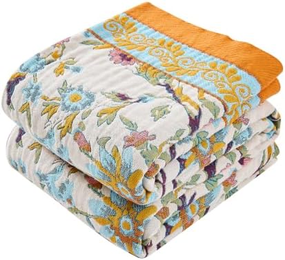 VANJOROY King Boho Throw Blanket, 100% Organic Cotton Breathable Skin-Friendly Ultra Soft 91" x 98" Bed Quilt Throw - Floral Rustic Decor Luxury Reversible Blanket for Sofa Couch Chair and Gift by CHOOSEVANJOROYENJOYAMORECOMFORTABLEFEELING