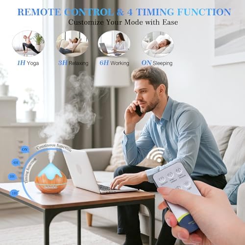 500ML Essential Oil Diffuser, Aromatherapy Diffuser with Remote Control, Multifunctional Air Diffusers for Home Office Room, Fragrance Aroma Diffuser with 7 Color LED & 2 Mist Mode, Light Brown - Image 4