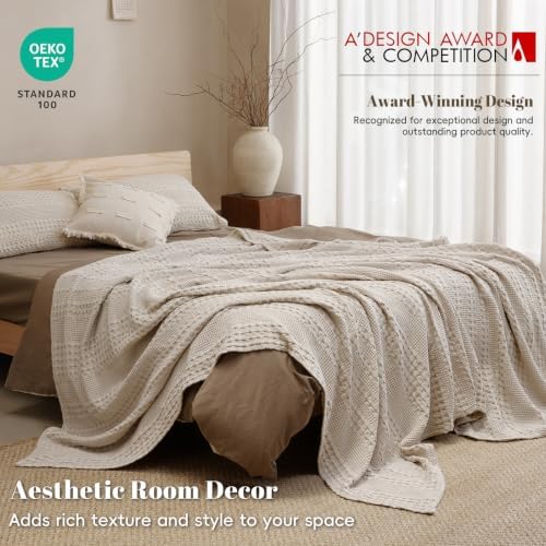 PHF Lightweight 100% Cotton Waffle Blanket for Bed, Queen, Light Taupe - Image 4