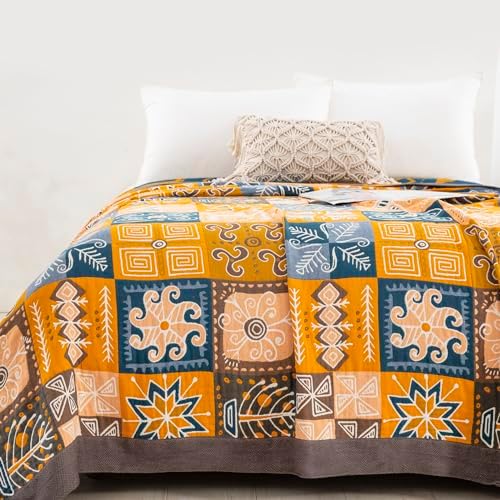 100% Muslin Cotton Throw Blanket for Bed Couch Chair, Bohemian Tribal Patchwork Retro Quilt Ultra Soft Reversible Gauze Blanket for All Season, 90"x98" - Image 2