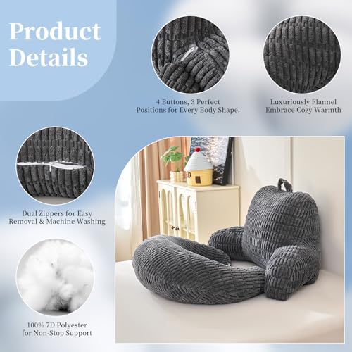 19" Reading Pillow for Bed,U Shaped Arm & Elbow Support,Gray Corduroy - Image 6