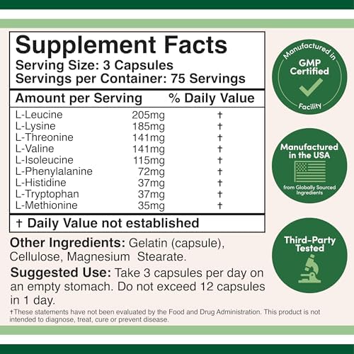 EAA Capsules, BCAAs, All 9 Amino Acids, Workout + Muscle Recovery, 225 Ct - Image 2