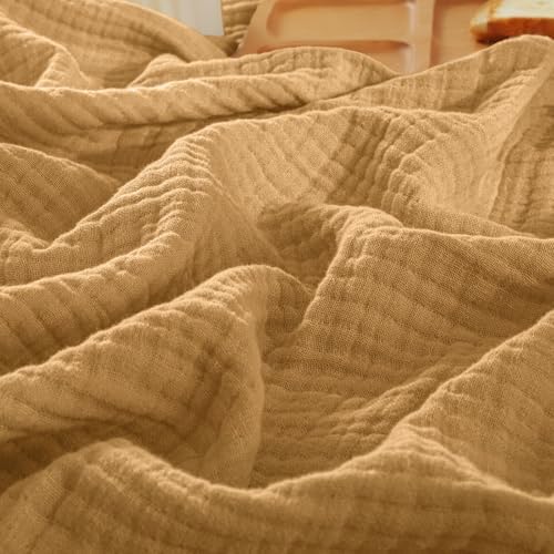 PHF 100% Cotton Muslin Throw XL Blanket Large 50" x 70", 4-Layer Lightweight Gauze Throw, Breathable Cloud-Soft Minimalist Blanket for Bed, Couch, Camping & Baby, Amber, Ideal Gift by PHF