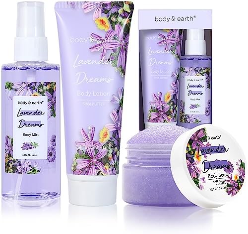BODY & EARTH Body Mist Gift Set - Spa Gifts for Women, Perfume, Body Lotion, and Body Scrub in a Lavender Dreams Box- Perfect Birthday Gifts for Moms, and Special Occasions,Unique Gift Ideas for Her by BODYEARTH