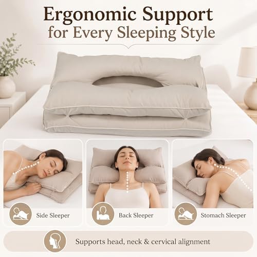 Yookeer 2 in 1 Cervical Neck Pillow for Sleeping 26 x 17 Inch Adjustable Gray Cotton Ergonomic Pillow with Snap Buttons Neck Support Supplies Ear Pressure Relief for Side Back Stomach Sleeper - Image 5