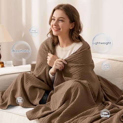 PHF Lightweight Waffle Weave Blanket Twin Size 66"x 90", Soft Woven Summer Blanket for Hot Sleepers - Aesthetic Home Decor for Couch Bed Sofa, Pet Friendly, Mocha - Image 2