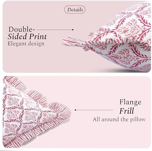 CPC Blush Rose Hand Block Print 100% Cotton Ruffle Throw Pillow Cover 18x18 inch with Hidden Zipper Decorative for Couch, Bed, Sofa, Farmhouse, Cottagecore Decor Gift Christmas Fall Thanksgiving - Image 2